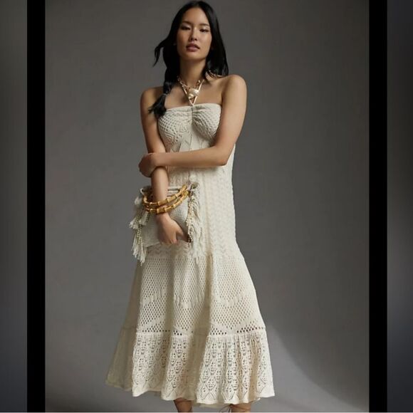 Farm Rio Dress Anthropologie CrochetMaxi Strapless Beach off White cream  NWT - Picture 1 of 5